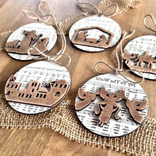 Nativity-Themed Music Sheet Ornament Collection