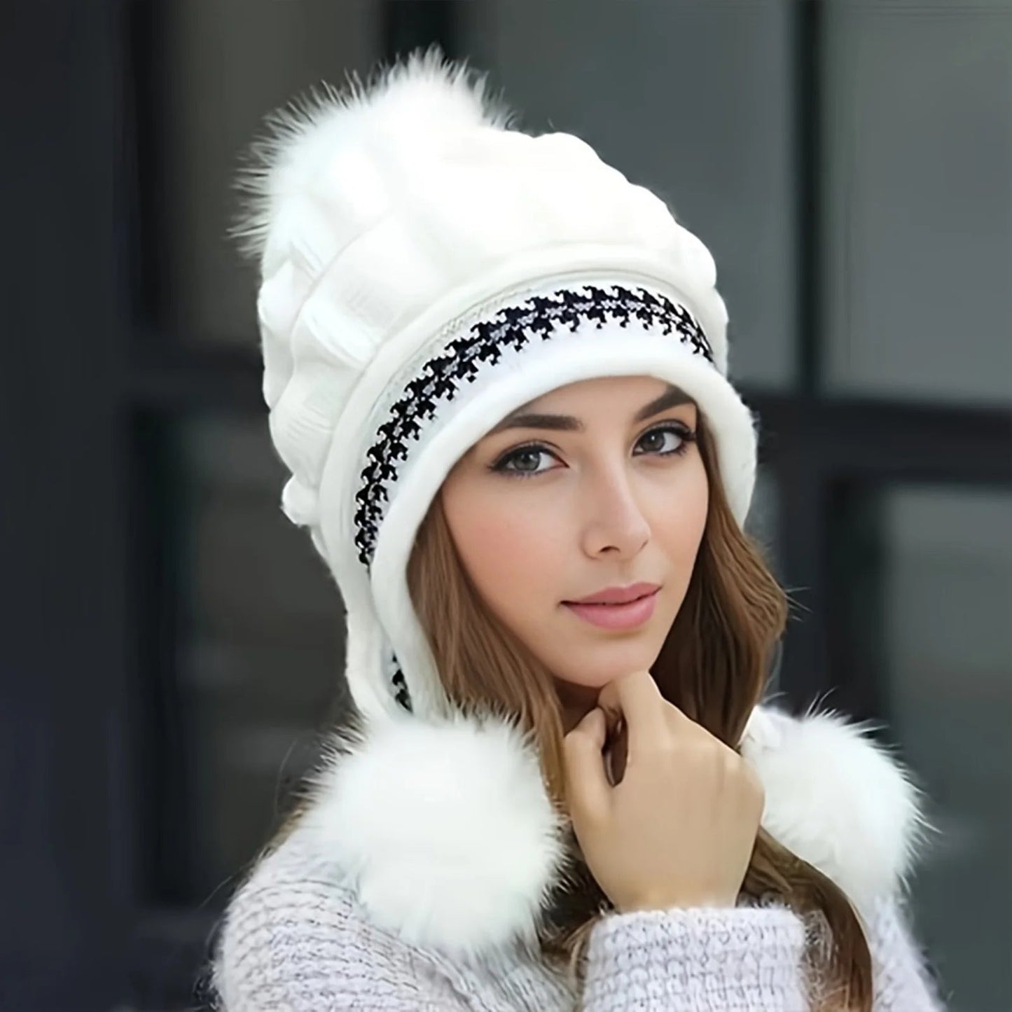 Fleece Lined Winter Hat with Faux Fur Hat Pom Pom