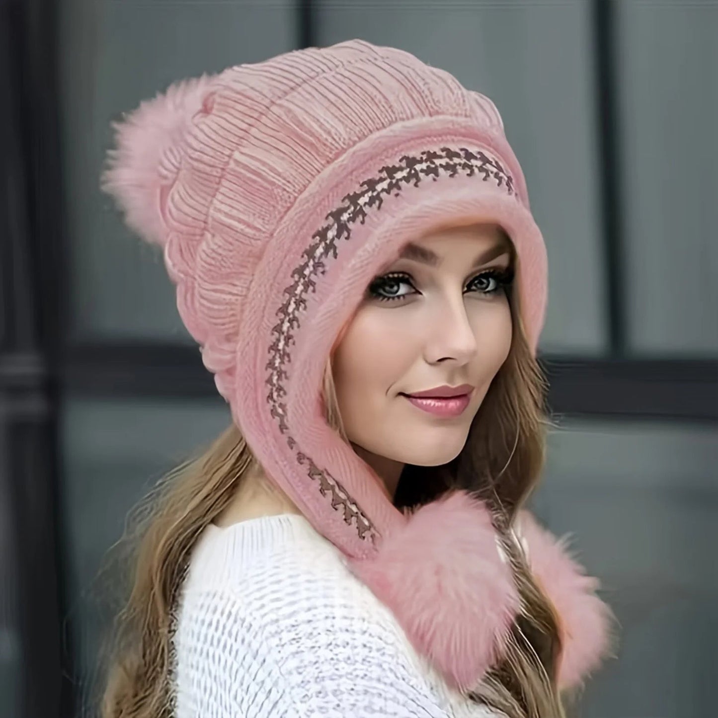 Fleece Lined Winter Hat with Faux Fur Hat Pom Pom