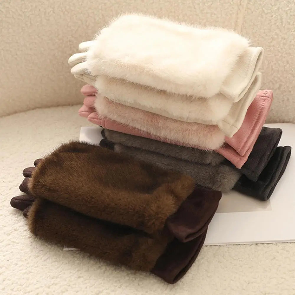 Suede Rabbit Fur Touch Screen Winter Gloves