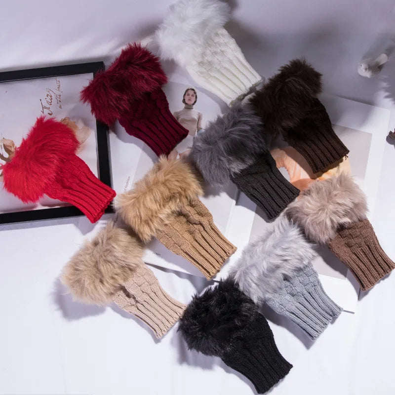 Faux Fur Fingerless Winter Gloves Hand Warmer