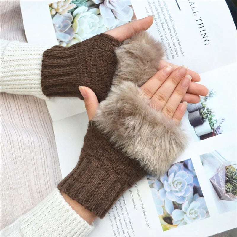Faux Fur Fingerless Winter Gloves Hand Warmer