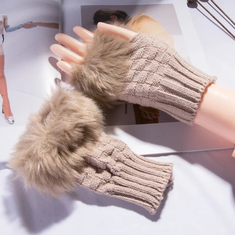 Faux Fur Fingerless Winter Gloves Hand Warmer