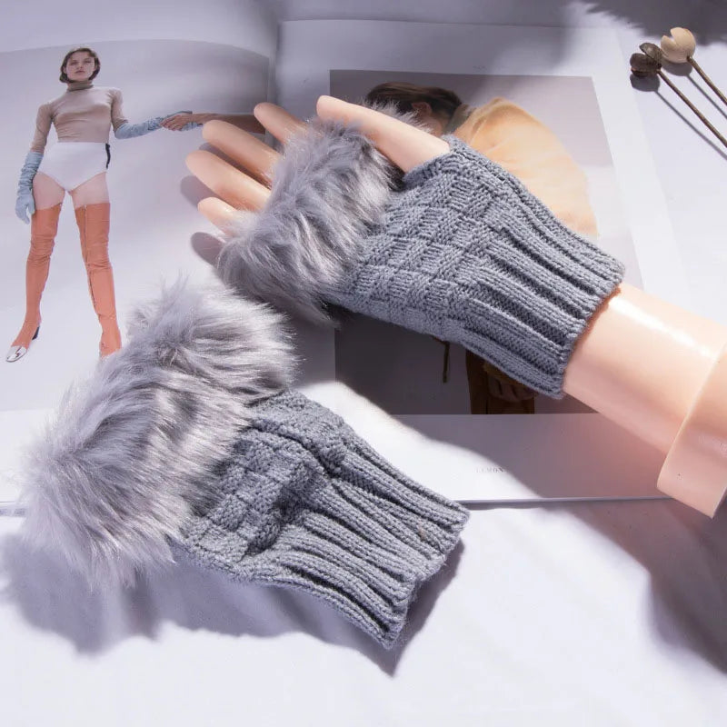 Faux Fur Fingerless Winter Gloves Hand Warmer
