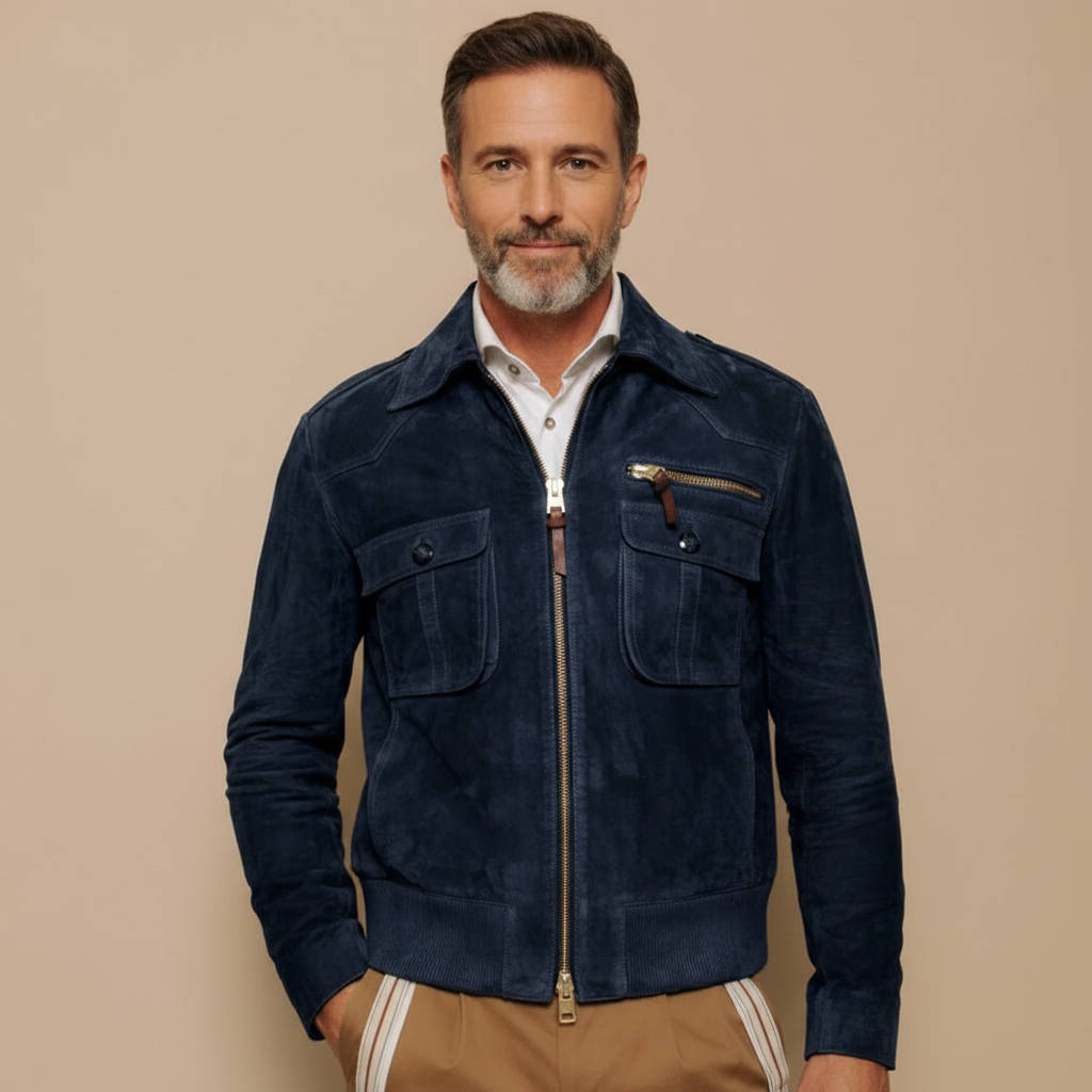 Men's Retro Lapel Zipper Breast Pocket Suede Jacket