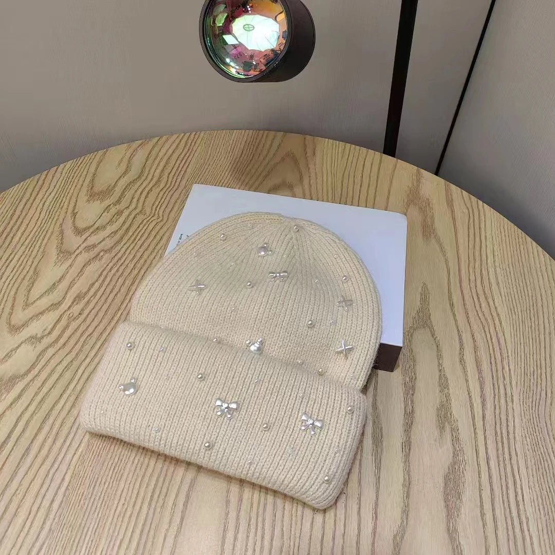 Pearl Accent Knit Beanie Winter Hat