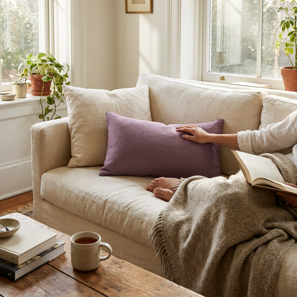 Lumbar Linen - Mauve Cushion lifestyle