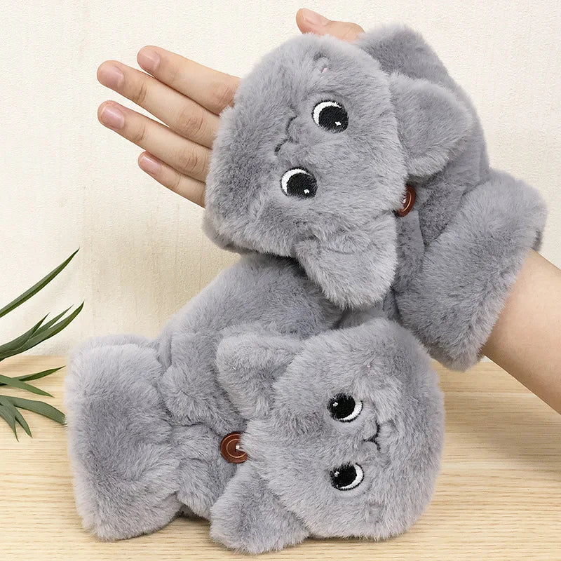 Plush Animal Fingerless Gloves