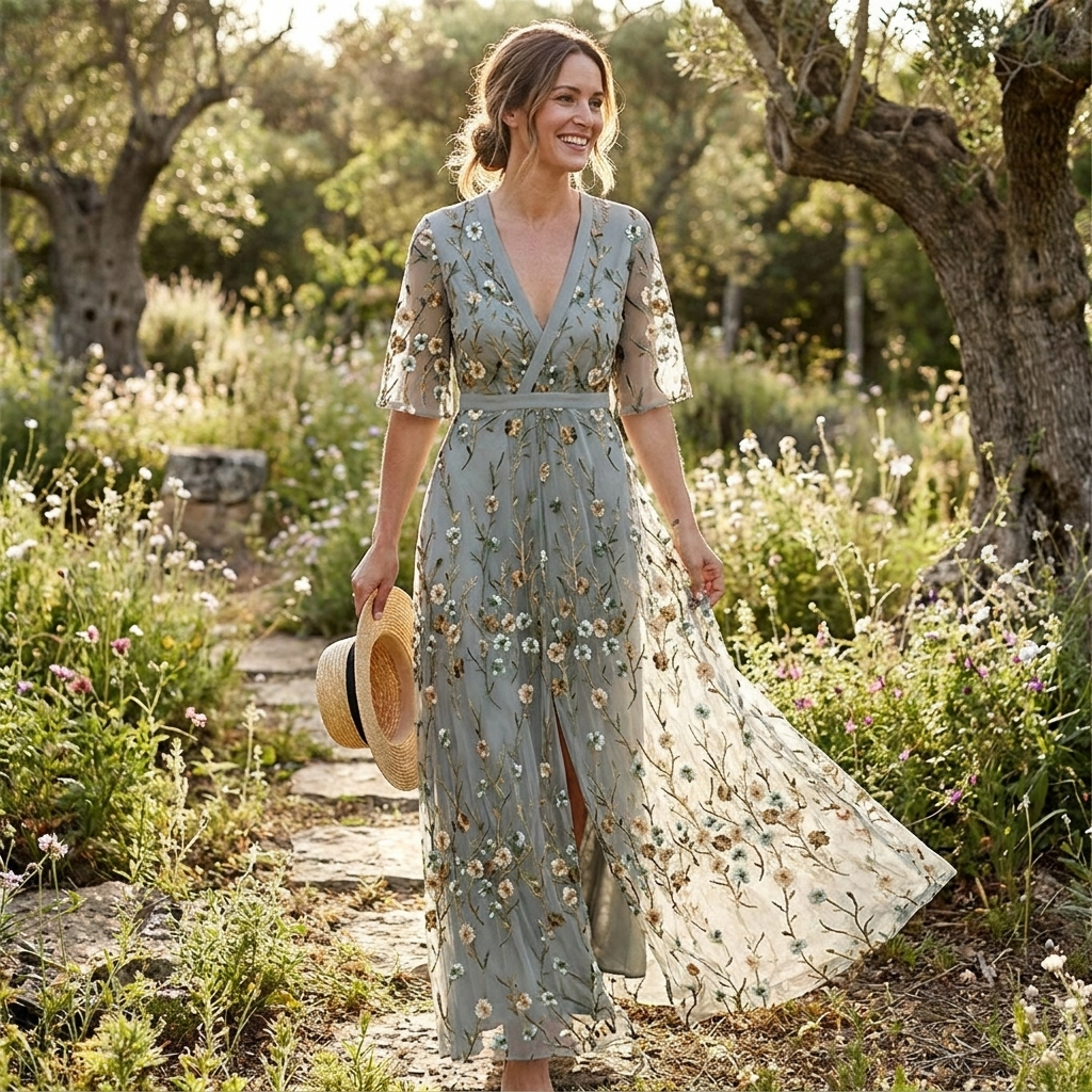 Youthful Green Long Dress with Half Sleeves lifestyle