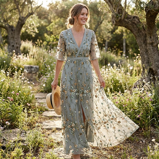 Youthful Green Long Dress with Half Sleeves lifestyle
