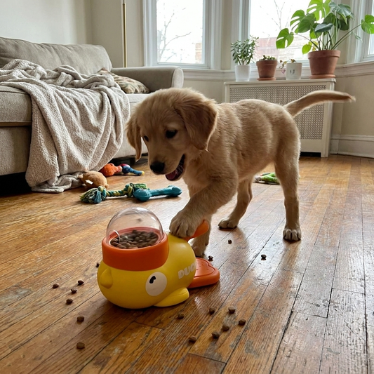 Interactive Cartoon Duck Dog Puzzle Feeder lifestyle