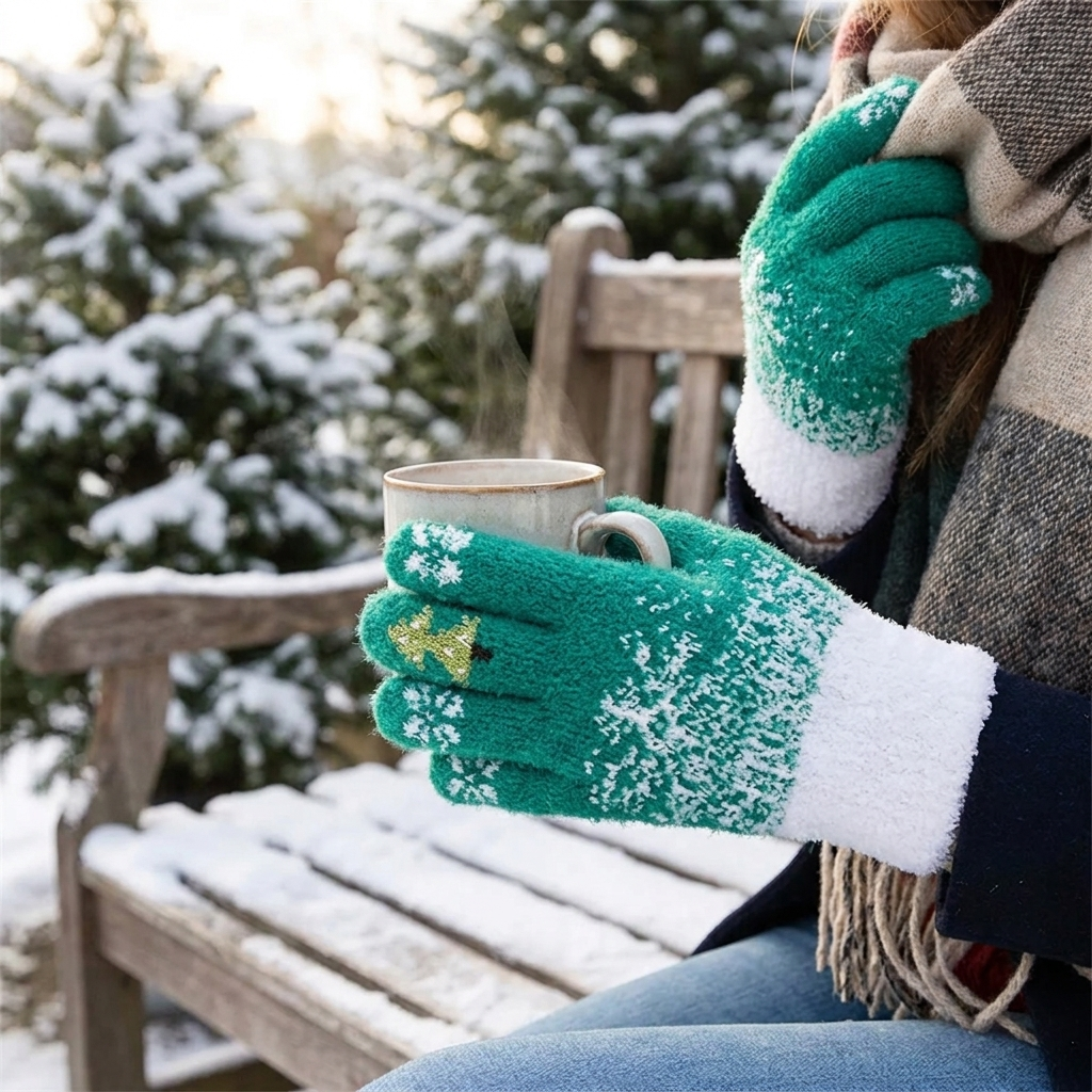 Festive Fleece Lined Knit Fingerless Gloves lifestyle