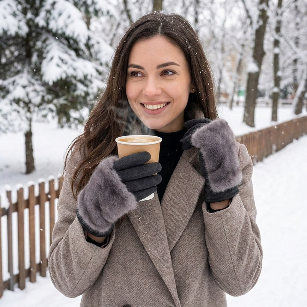 Suede Rabbit Fur Touch Screen Winter Gloves lifestyle