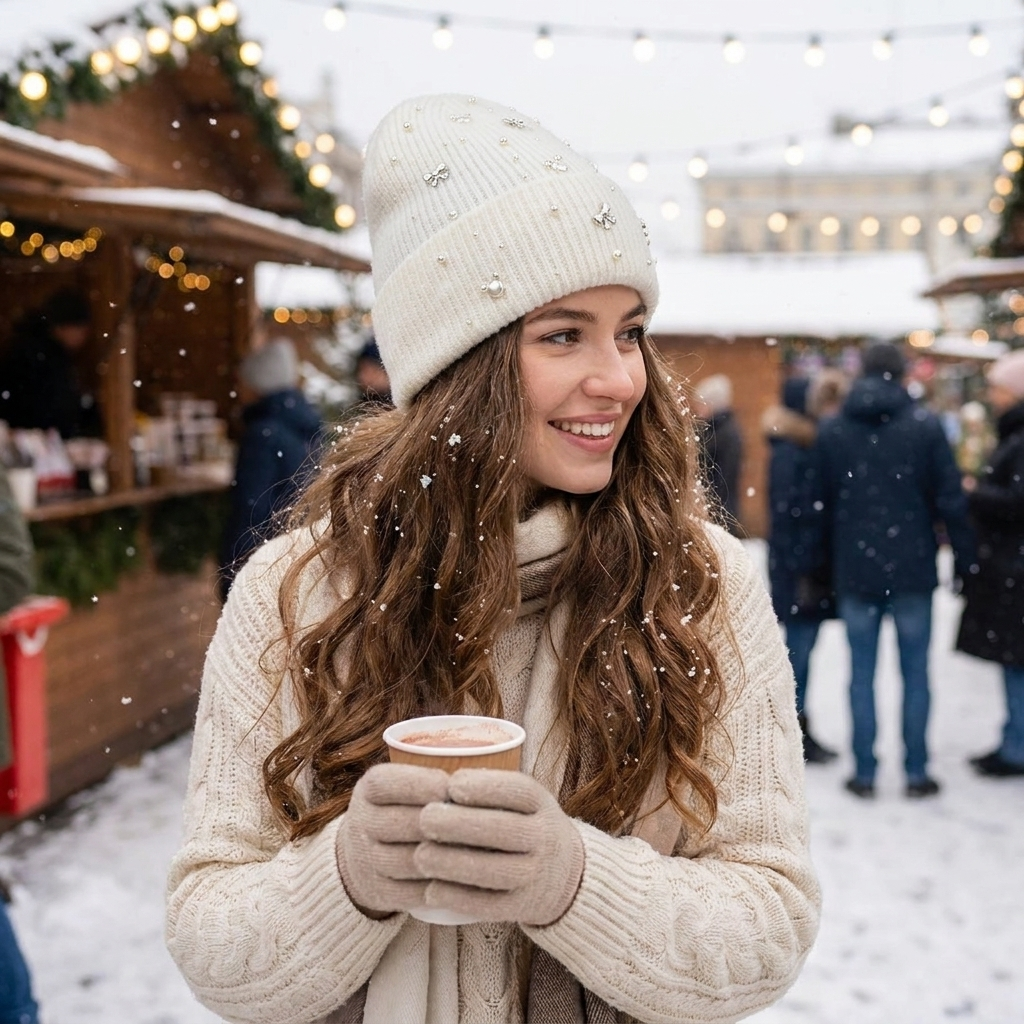 Pearl Accent Knit Beanie Winter Hat lifestyle