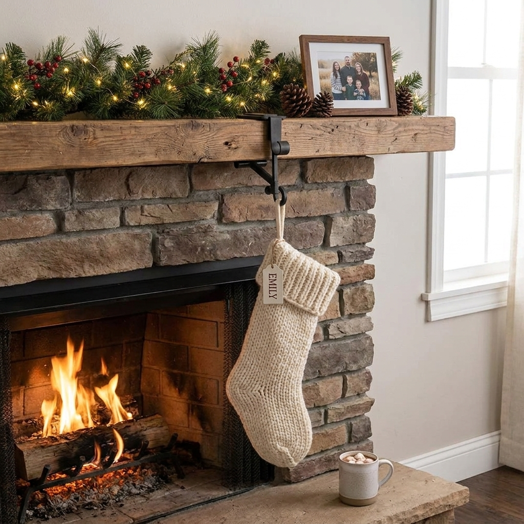 Adjustable Fireplace Stocking and Garland Hanger Set lifestyle
