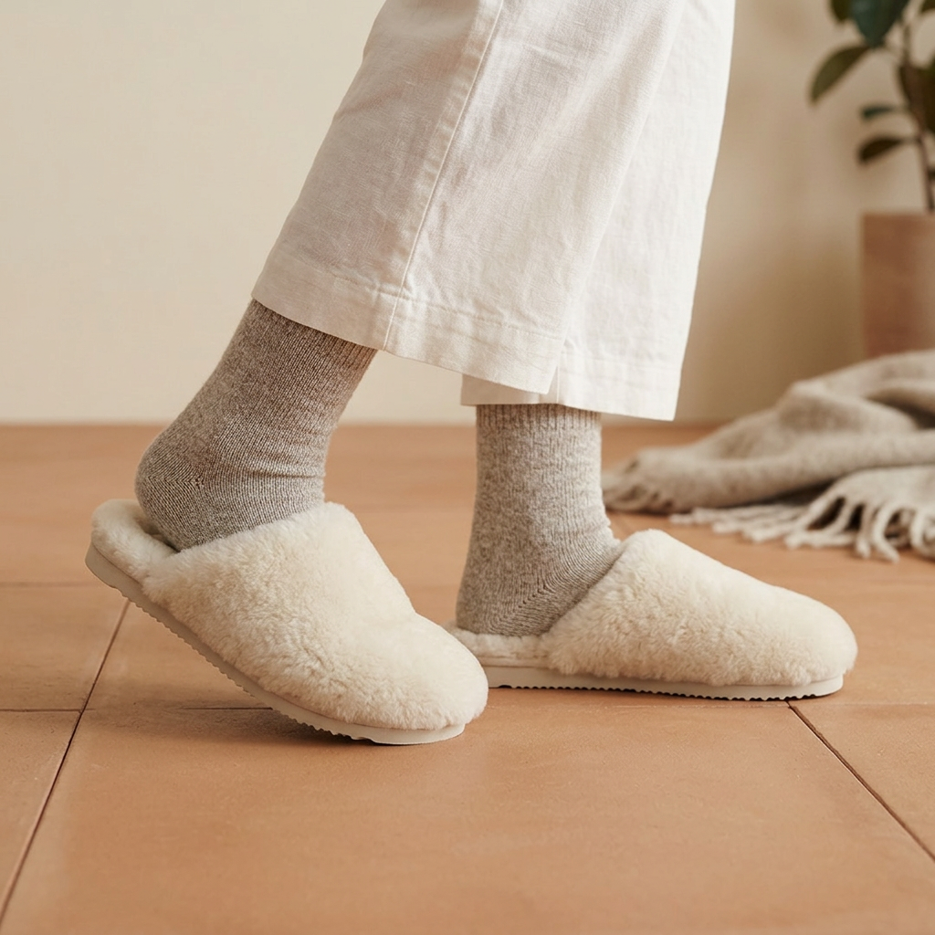 Sheepskin Slippers - Cream worn