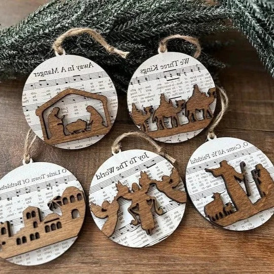 Nativity-Themed Music Sheet Ornament Collection