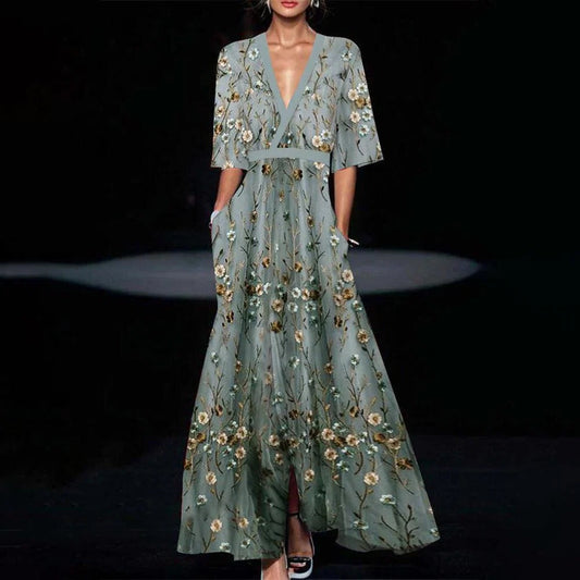 Youthful Green Long Dress with Half
