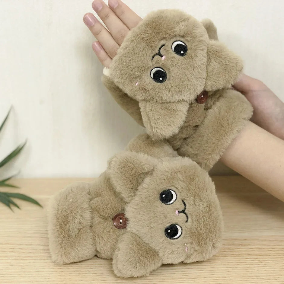 Plush Animal Fingerless Gloves