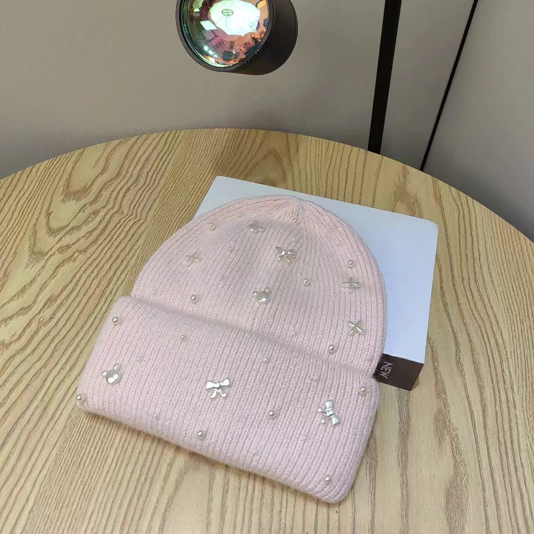 Pearl Accent Knit Beanie Winter Hat