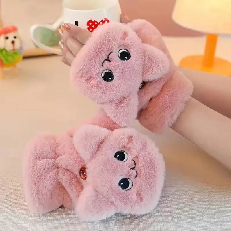 Plush Animal Fingerless Gloves